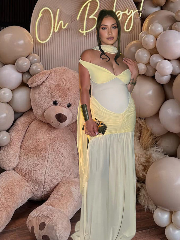 Momnfancy Off Shoulder Mesh Ruched Tulle Bodycon Mermaid Party Gown Baby Shower Maternity Maxi Dress