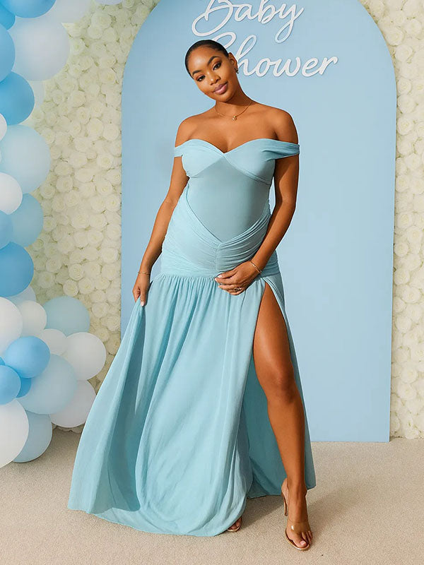 Momnfancy Off Shoulder Mesh Ruched Tulle Bodycon Mermaid Party Gown Baby Shower Maternity Maxi Dress
