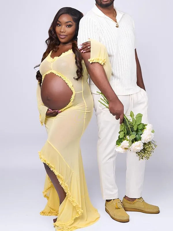 Momnfancy Yellow Ruched Crop Bodycon Cut Out Mermaid Photoshoot Maternity Maxi Dress
