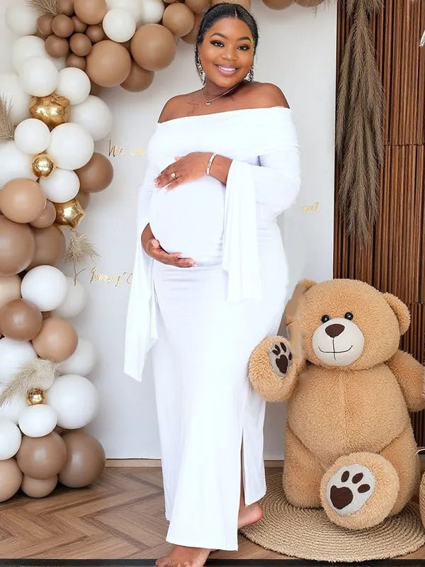 Momnfancy Solid Color Off Shoulder Bodycon Mermaid Party Gown Baby Shower Maternity Maxi Dress