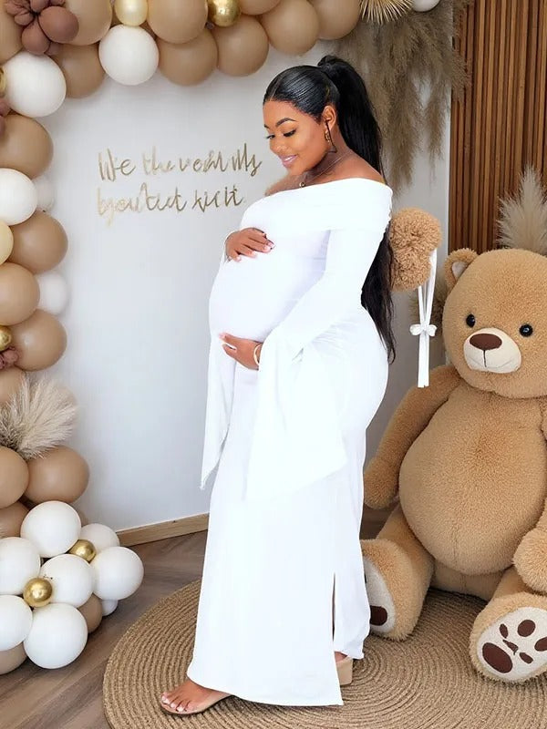 Momnfancy Solid Color Off Shoulder Bodycon Mermaid Party Gown Baby Shower Maternity Maxi Dress