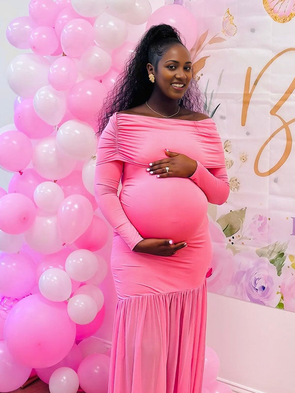 Momnfancy Pink Off Shoulder Mesh Bodycon Mermaid Party Gown Baby Shower Maternity Maxi Dress