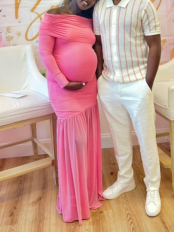 Momnfancy Pink Off Shoulder Mesh Bodycon Mermaid Party Gown Baby Shower Maternity Maxi Dress