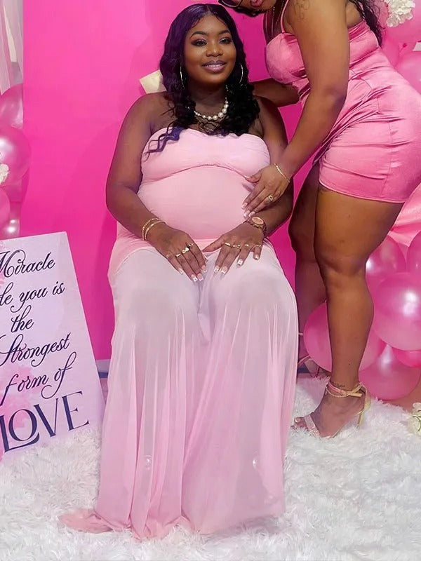 Momnfancy Pink Bandeau Tulle Splicing Bodycon Split Party Gown Baby Shower Maternity Maxi Dress