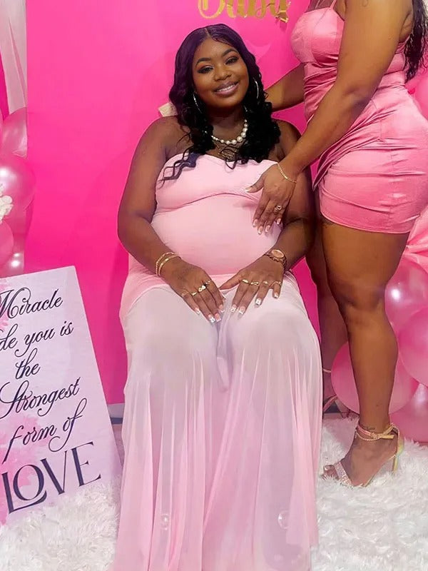 Momnfancy Pink Bandeau Tulle Splicing Bodycon Split Party Gown Baby Shower Maternity Maxi Dress