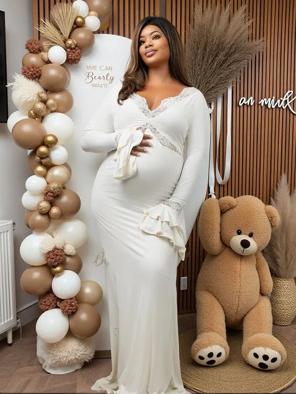 Momnfancy White Lace Splicing Ruched Lace-up Bodycon Mermaid Party Gown Baby Shower Maternity Maxi Dress