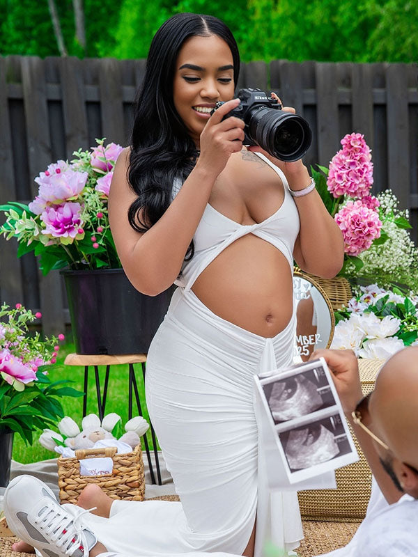 Momnfancy White Crop Ruched Bodycon Cut Out V-Neck Photoshoot Maternity Maxi Dress