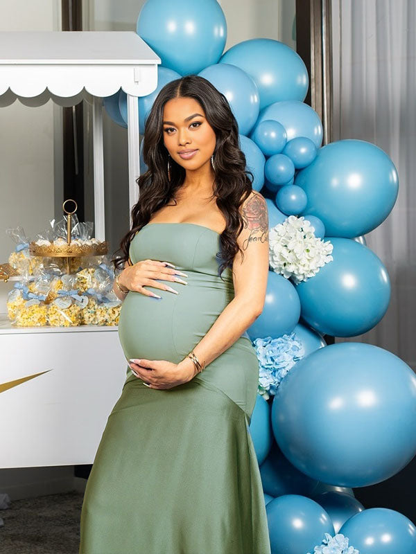 Momnfancy Bandeau Backless Satin Splicing Bodycon Party Gown Baby Shower Maternity Maxi Dress