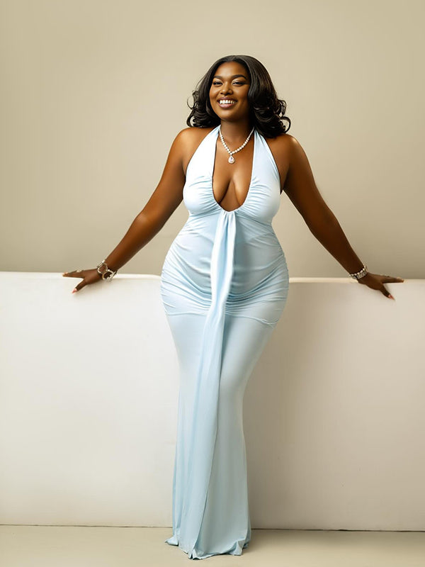 Momnfancy Plunging Neckline Ruched Maternity Maxi Dress