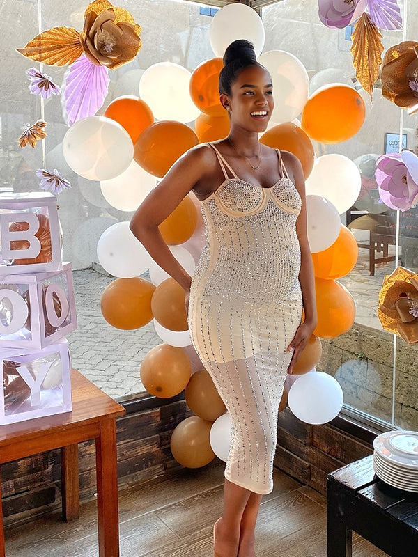 Momnfancy Spaghetti Strap Sparkly Maternity Maxi Dress