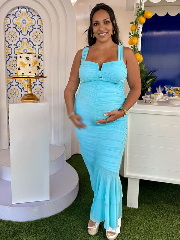 Momnfancy Cut-out Mermaid Bodycon Ruched Side Pull Maternity Maxi Dress