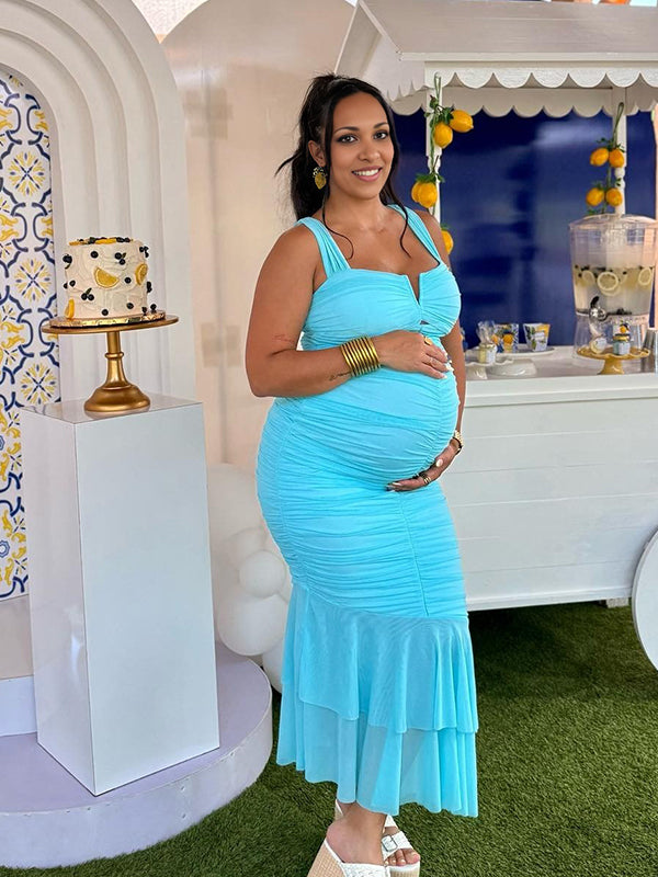 Momnfancy Cut-out Mermaid Bodycon Ruched Side Pull Maternity Maxi Dress