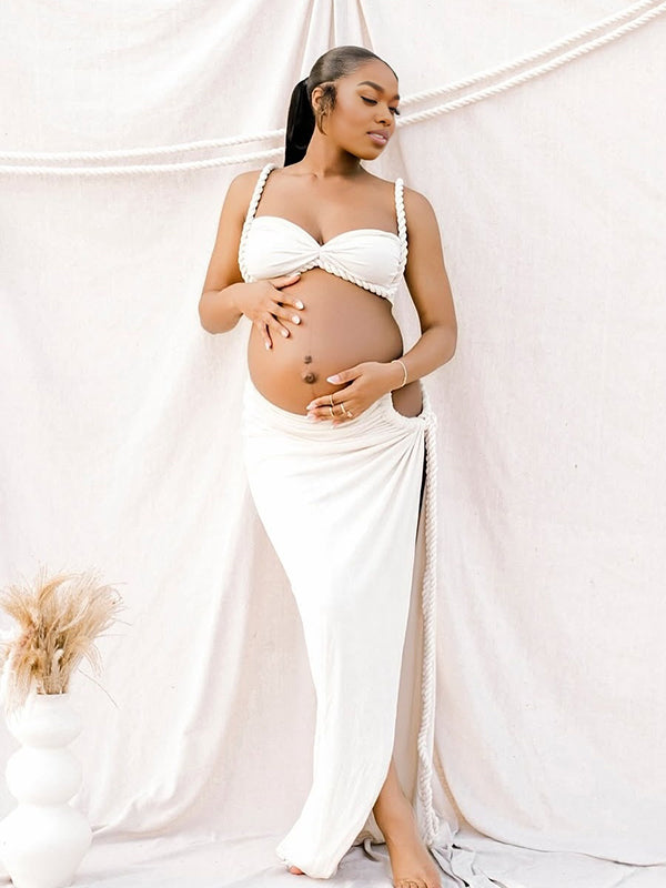 Momnfancy 2-in-1 Spaghetti Strap Tube Top Lace-up Maternity Maxi Dress