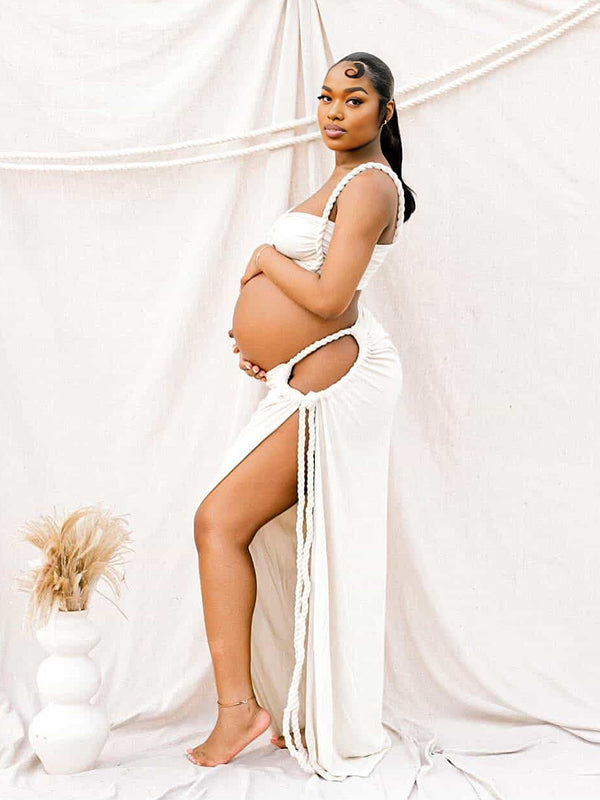 Momnfancy 2-in-1 Spaghetti Strap Tube Top Lace-up Maternity Maxi Dress