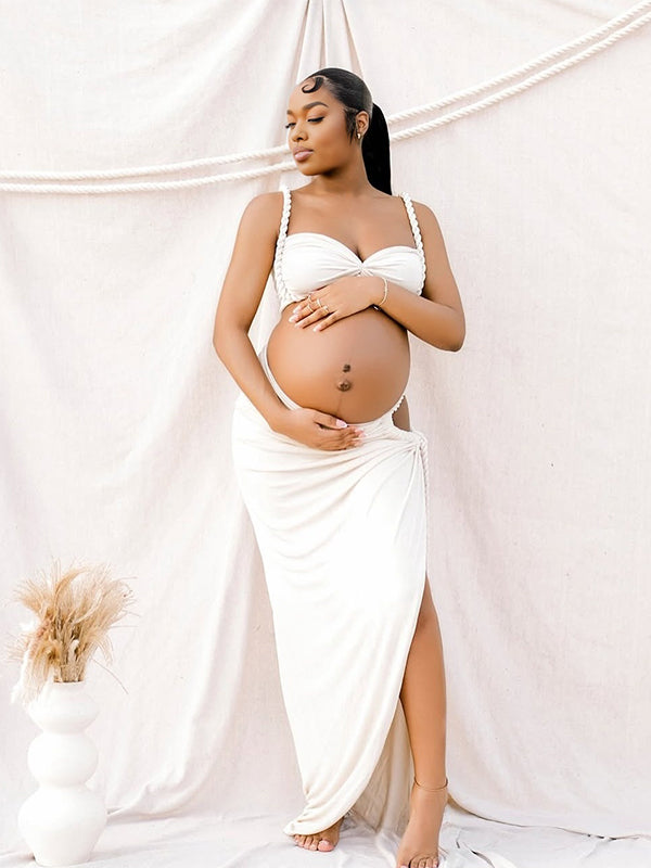 Momnfancy 2-in-1 Spaghetti Strap Tube Top Lace-up Maternity Maxi Dress