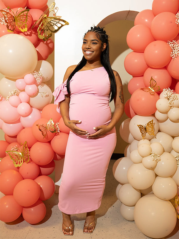 Momnfancy Lace-up Bowknot Bodycon Oblique Shoulder Maternity Maxi Dress