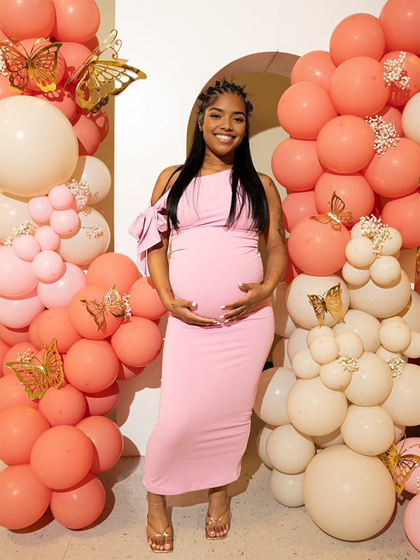 Momnfancy Lace-up Bowknot Bodycon Oblique Shoulder Maternity Maxi Dress