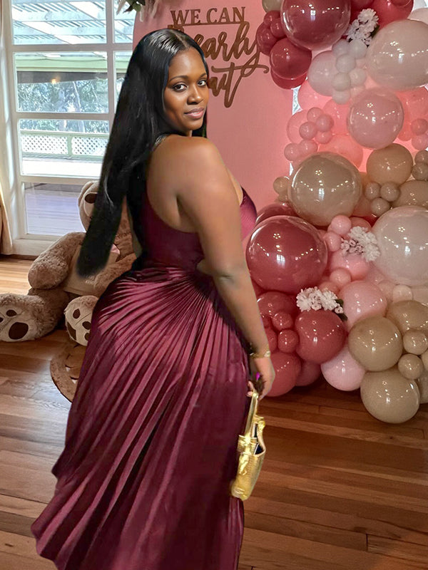 Momnfancy Ruched Oblique Shoulder Cut-out Maternity Maxi Dress