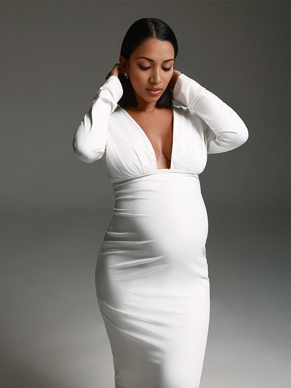 Momnfancy Plunging Neckline Bodycon Trailing Maternity Maxi Dress