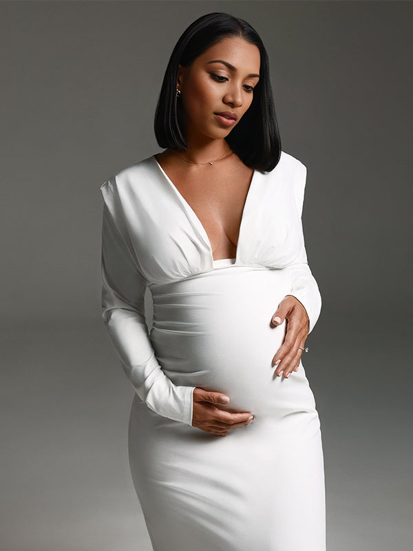 Momnfancy Plunging Neckline Bodycon Trailing Maternity Maxi Dress