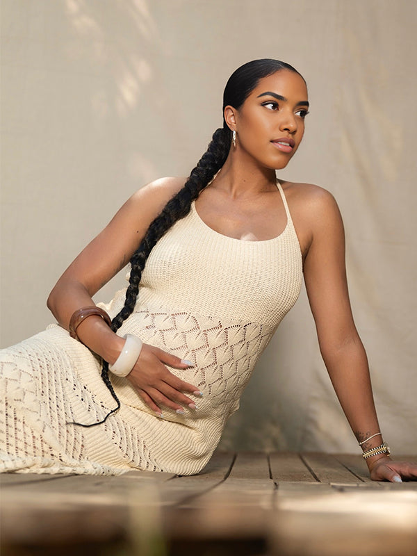Momnfancy Spaghetti Strap Knitted Cut-out Maternity Maxi Dress