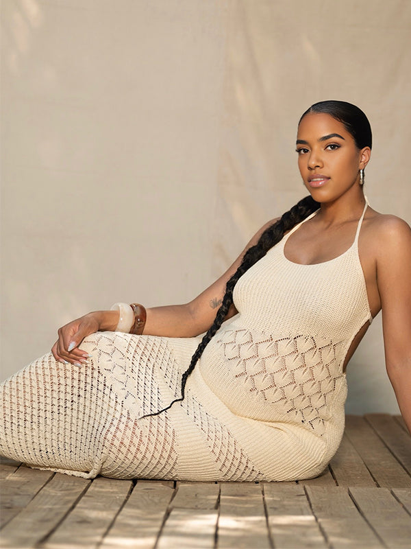 Momnfancy Spaghetti Strap Knitted Cut-out Maternity Maxi Dress