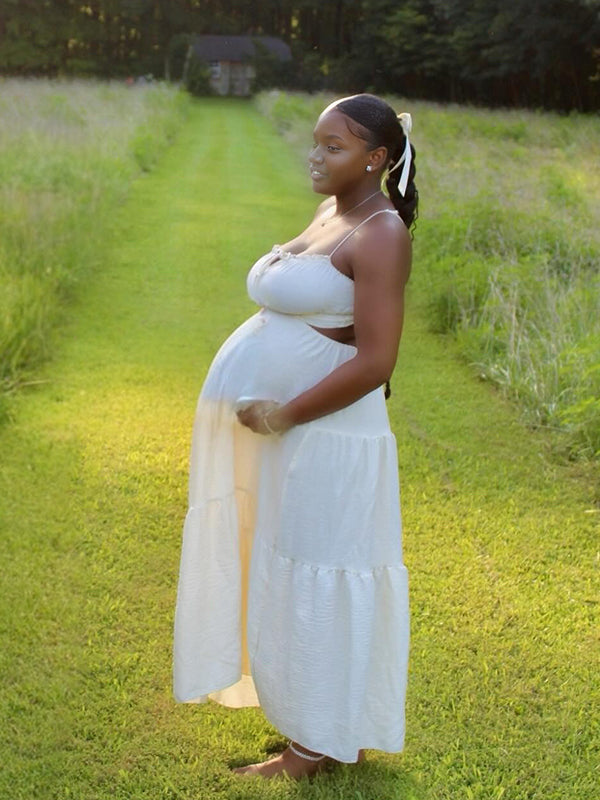 Momnfancy Spaghetti Strap Splicing Cut-out Maternity Maxi Dress