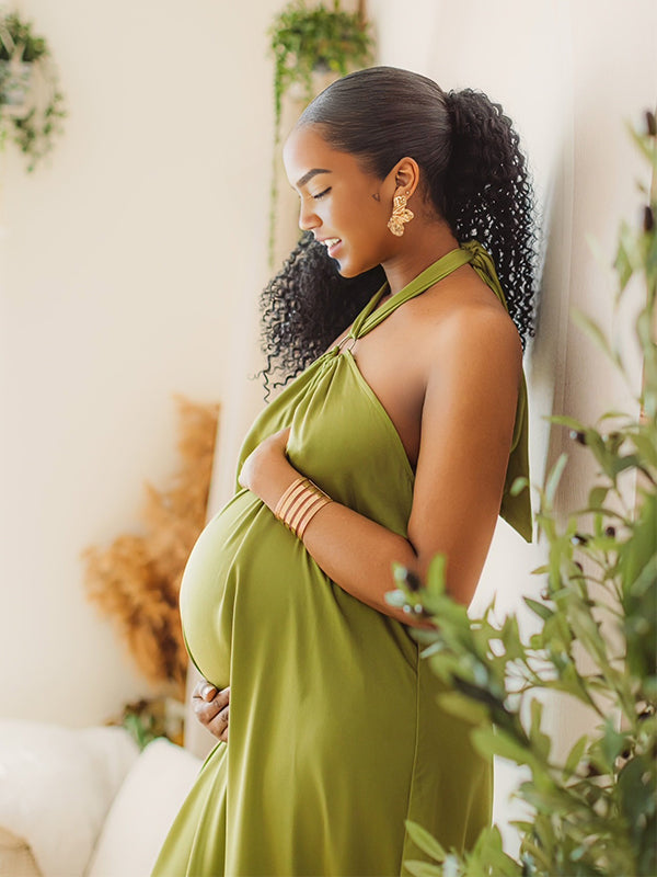 Momnfancy Halter Neck Big Swing Open Back Maternity Maxi Dress