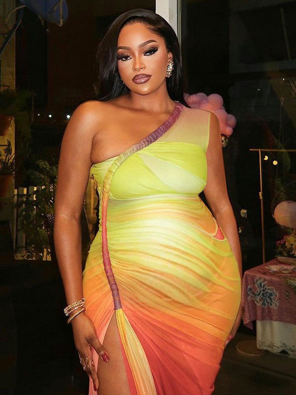 Momnfancy Colorful One-Shoulder Tulle Draped Bodycon Party Gown Babyshower Maternity Maxi Dress