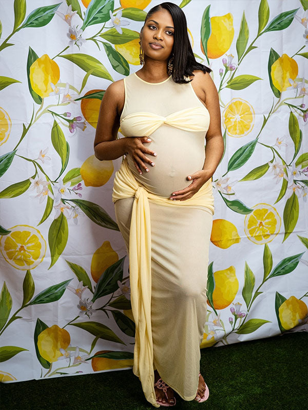 Momnfancy Yellow Ruched Draped Sheer Bodycon Mermaid Party Gown Babyshower Maternity Maxi Dress