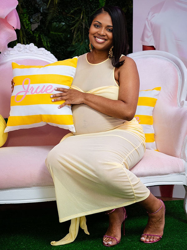 Momnfancy Yellow Ruched Draped Sheer Bodycon Mermaid Party Gown Babyshower Maternity Maxi Dress