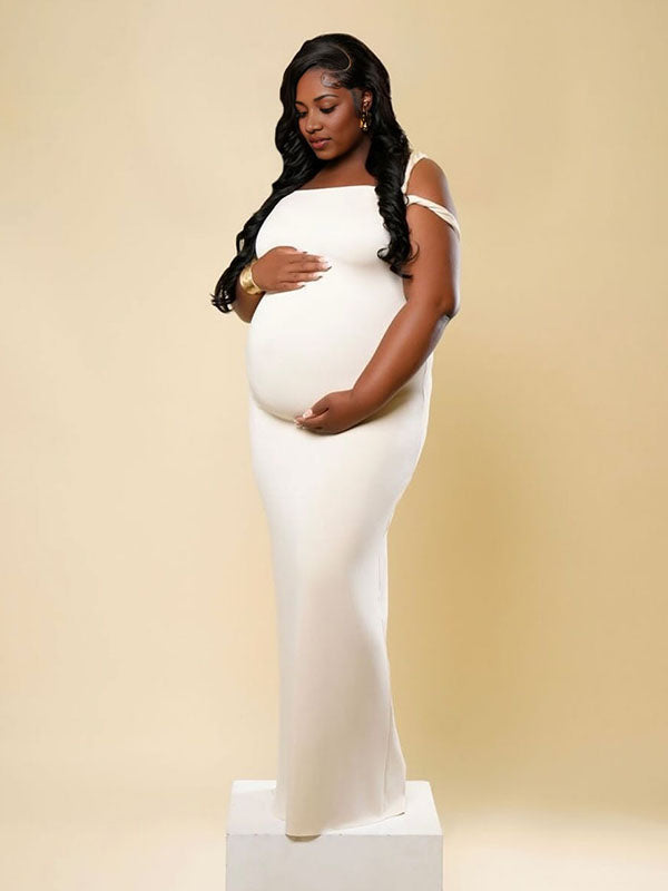 Momnfancy Apricot Asymmetric Shoulder Bodycon Photoshoot Maternity Maxi Dress