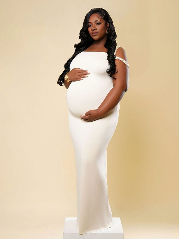 Momnfancy Apricot Asymmetric Shoulder Bodycon Photoshoot Maternity Maxi Dress