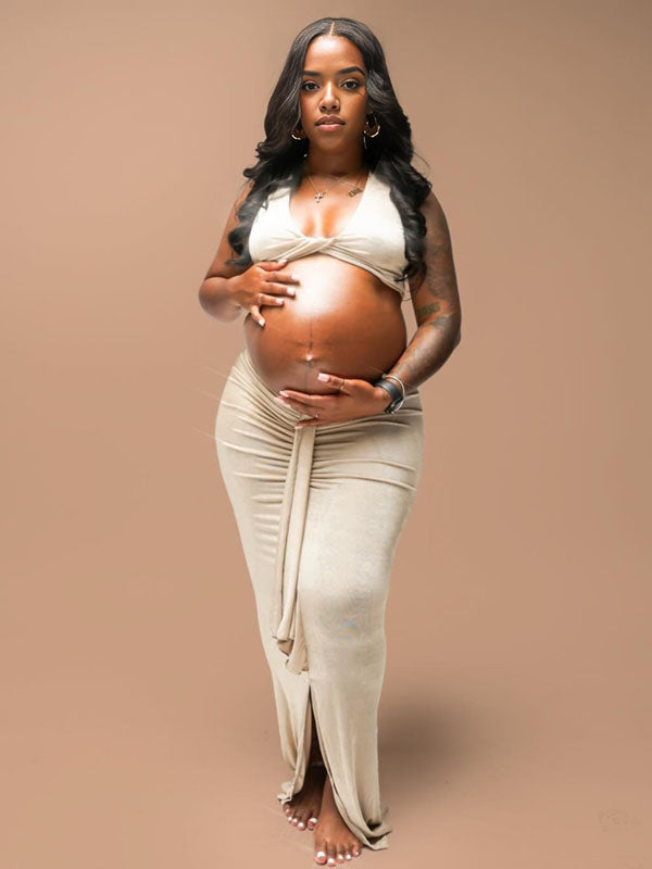 Momnfancy Khaki Cross Chest Ruched Crop Draped 2-in-1 Bodycon Photoshoot Maternity Maxi Dress