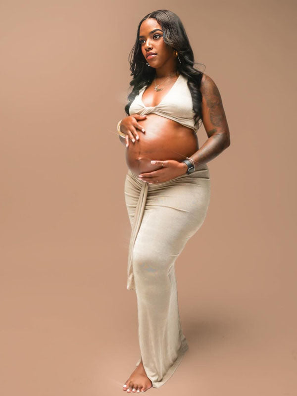 Momnfancy Khaki Cross Chest Ruched Crop Draped 2-in-1 Bodycon Photoshoot Maternity Maxi Dress