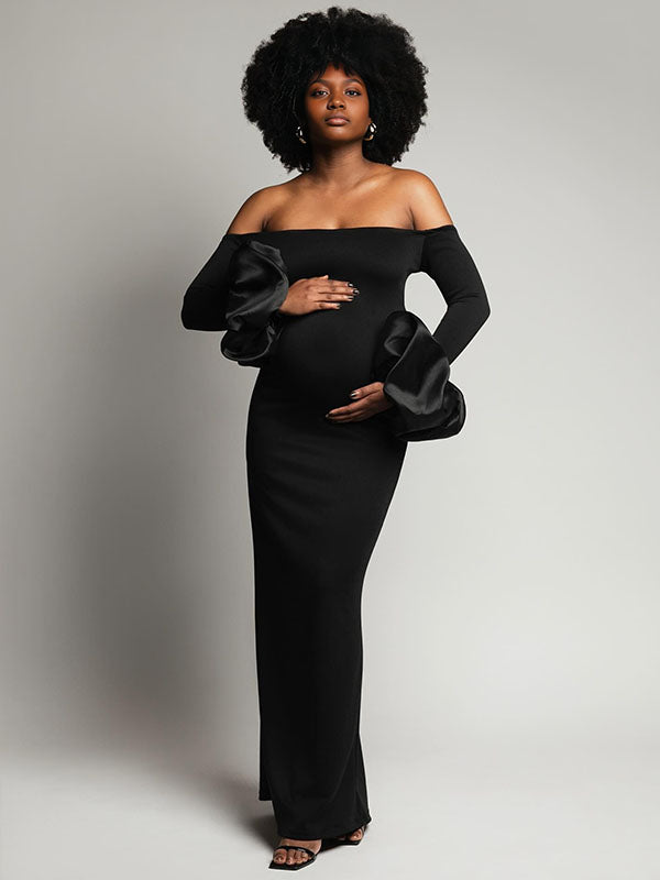 Momnfancy Black Off Shoulder Ruffle Flare Sleeve Bodycon Photoshoot Maternity Maxi Dress