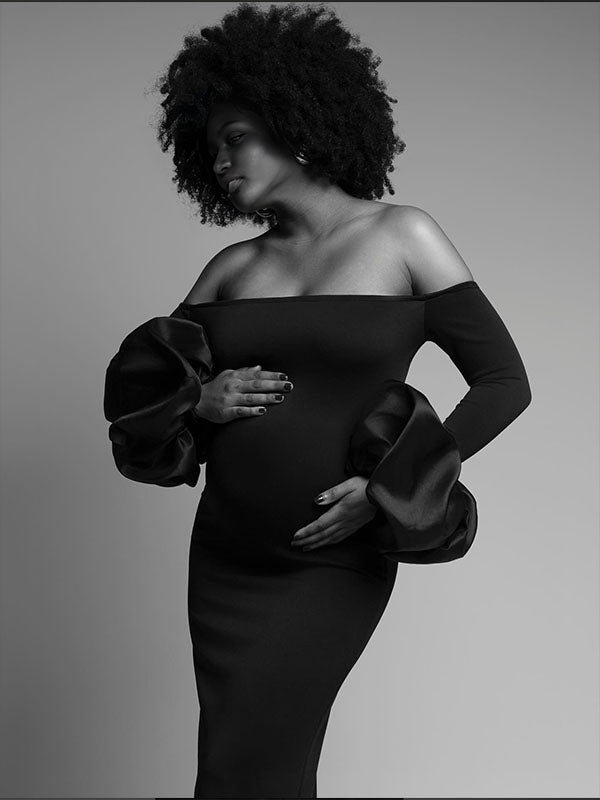 Momnfancy Black Off Shoulder Ruffle Flare Sleeve Bodycon Photoshoot Maternity Maxi Dress