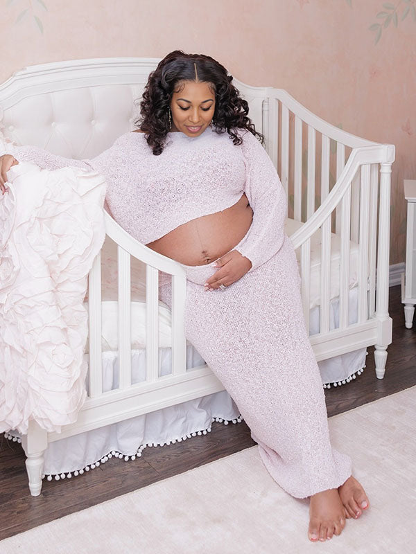 Momnfancy Pink Off Shoulder Knitwear 2-in-1 Crop Bodycon Photoshoot Maternity Maxi Dress