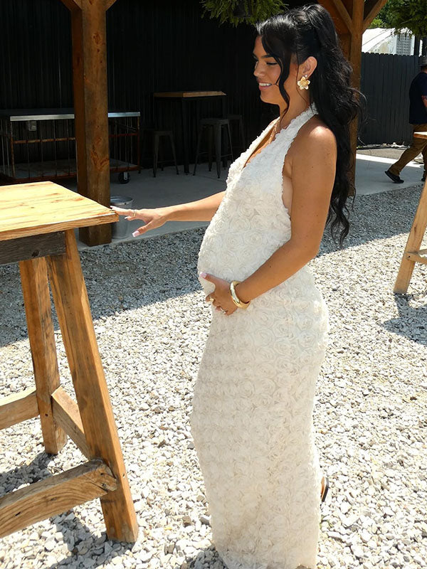 Momnfancy White Backless V-Neck Bodycon Baby Shower Maternity Maxi Dress