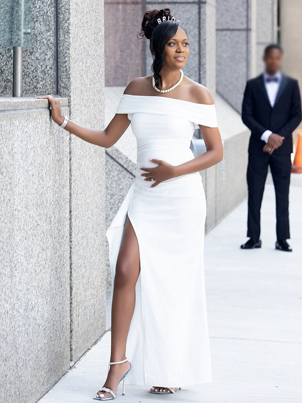 Momnfancy White Off Shoulder Side Slit Ruffle Party Gown Maternity Maxi Dress