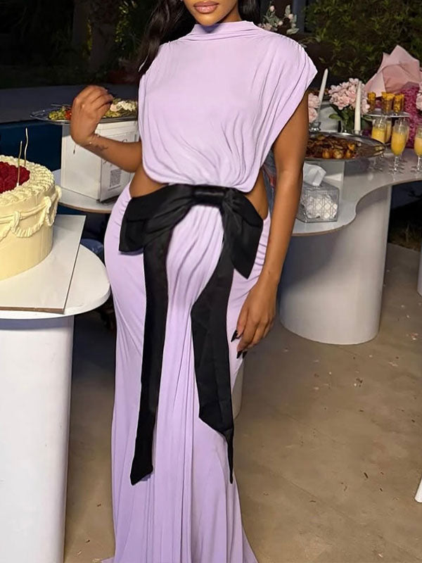 Momnfancy Purple Cut Out Bowknot Backless Bodycon Mermaid Evening Gown Baby Shower Maternity Maxi Dress