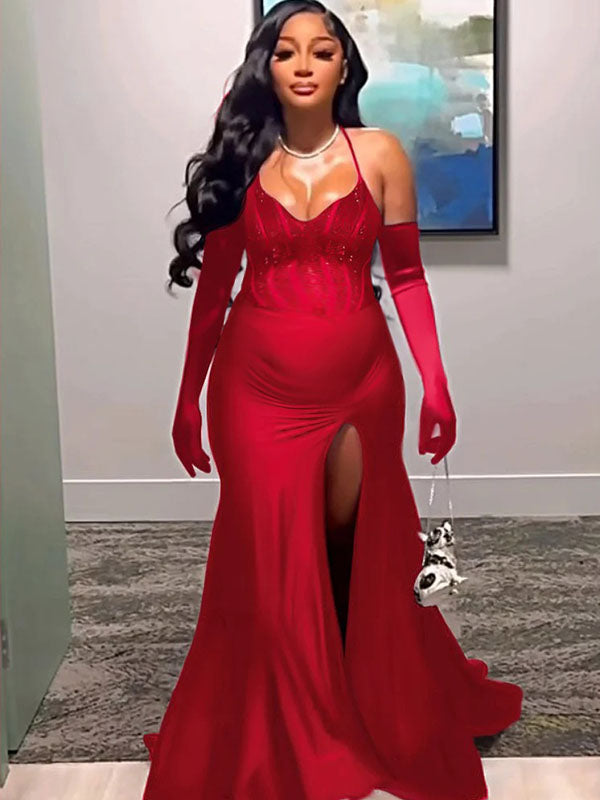 Momnfancy Sequin Off Shoulder Atain Halter Neck Side Slit Mermaid Evening Gown Maternity Maxi Dress