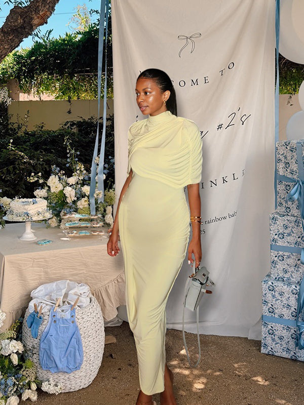 Momnfancy Backless Bodycon Ruched Side Slit Maternity Maxi Dress