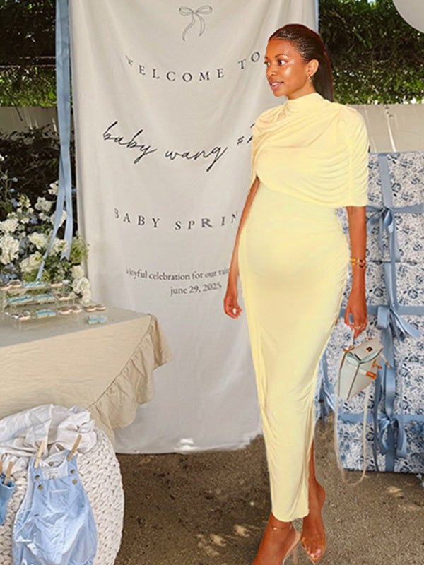 Momnfancy Backless Bodycon Ruched Side Slit Maternity Maxi Dress