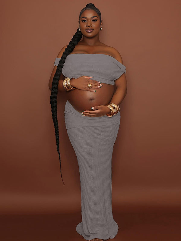 Momnfancy 2-in-1 Boat Neck Crop Trailing Open Back Maternity Maxi Dress