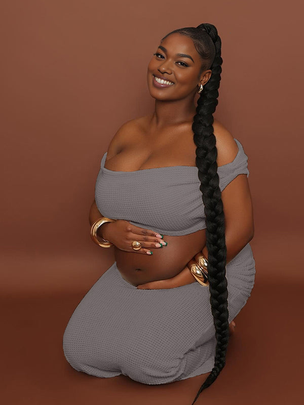 Momnfancy 2-in-1 Boat Neck Crop Trailing Open Back Maternity Maxi Dress