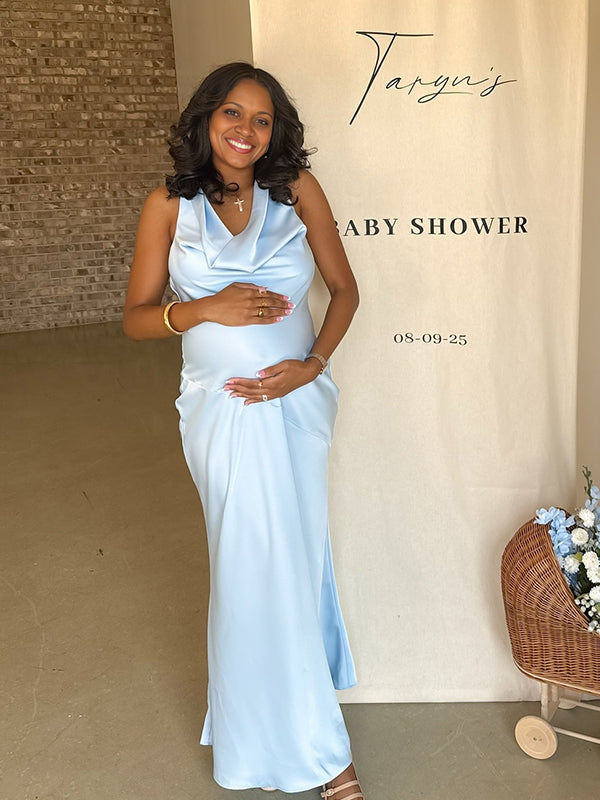 Momnfancy Halter Neck Open Back Mermaid Bodycon Maternity Maxi Dress