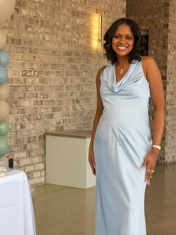 Momnfancy Halter Neck Open Back Mermaid Bodycon Maternity Maxi Dress