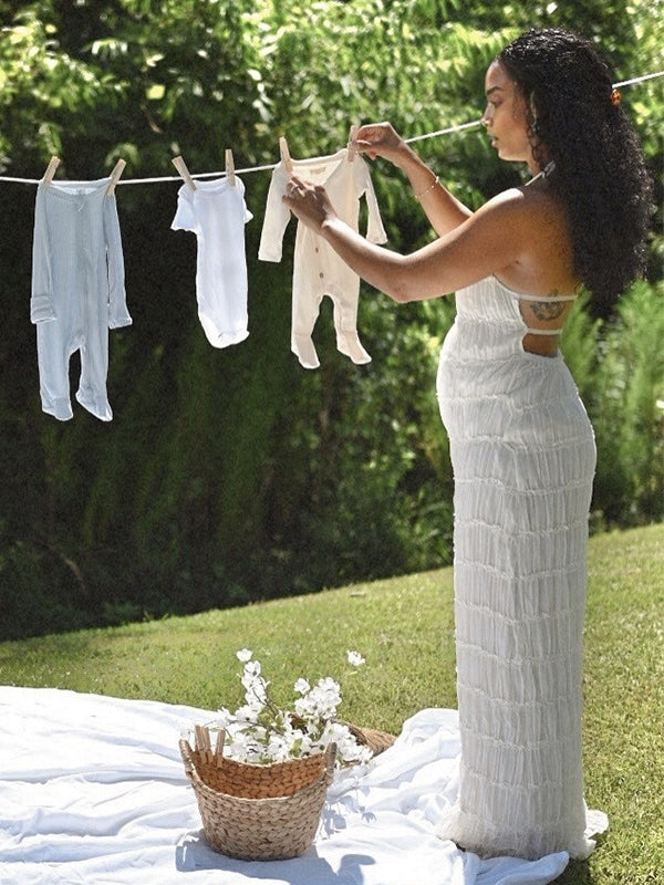 Momnfancy Open Back Lace-up Ruched Halter Neck Maternity Maxi Dress