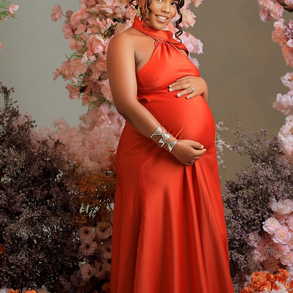 Momnfancy Halter Neck Trailing Open Back Cut-out Maternity Maxi Dress